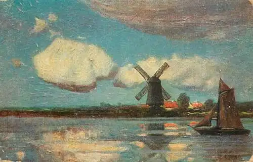 Postcard illustrators painting Netherlands windmill sailing vessel