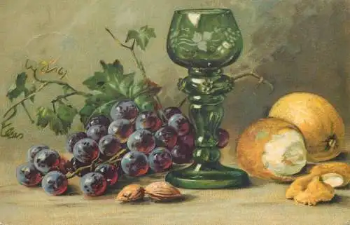Postcard illustrators painting Budapest 1909 still nature and fruits