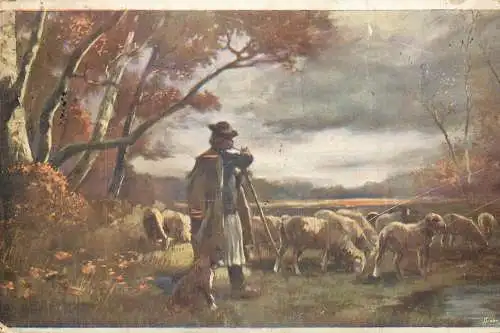 Postcard illustrators painting 1915 shepherd and sheep flock