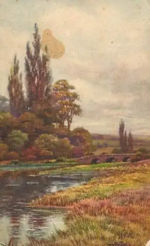 Postcard illustrators painting landscape bridge and river