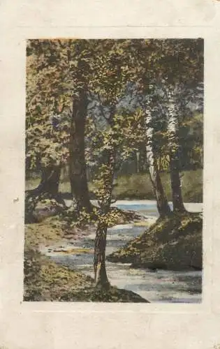 Postcard illustrators painting forest creek scene