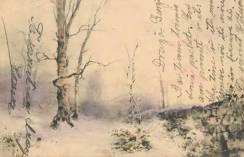 Postcard illustrators painting winter forest scene