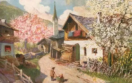 Postcard illustrators painting village scene boy and oys church tree in bloom