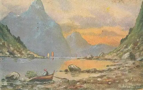 Postcard illustrators painting Germany landscape and rowboat
