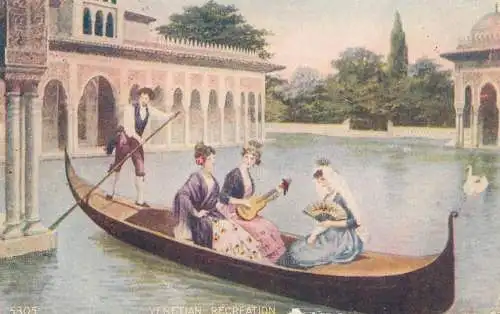 Postcard illustrators painting Venetian recreation gondola