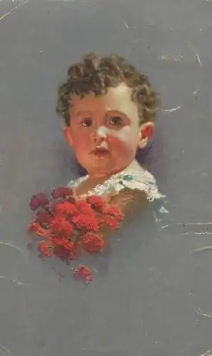 Postcard rillustrators painting baby boy curly hair flowers
