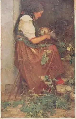 Postcard rillustrators painting peasant woman peeling a cannage