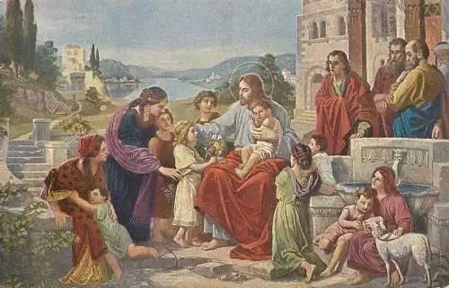 Postcard religious card die Heilung des TobiasOswald Jesus and crowd