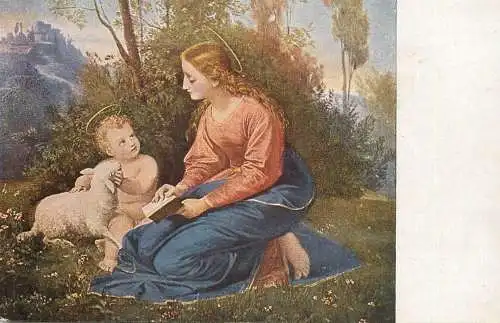 Postcard religious card Adolf Baumann Holy family and lamb