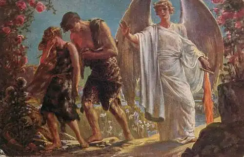 Postcard religious card angel banishing Adam and Eve from Heaven