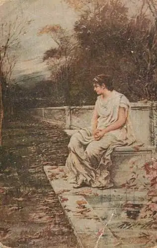 Postcard Illustrators painting woman resting Abandonee
