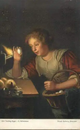 Postcard Illustrators painting girl testing eggs G. Schalcken