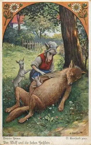 Postcard Illustrators painting Bruder Grimm O. Berrfurth der wolf und die lieben Geilzlein