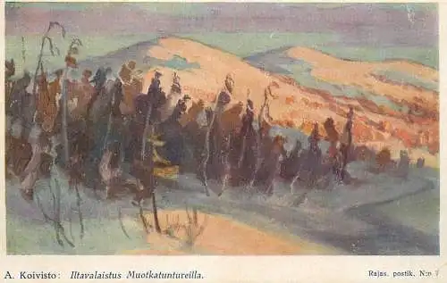 Postcard Illustrators painting A. Koivito iltavalaistus Muotkatuntureilla