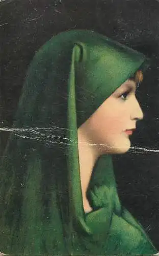 Postcard Illustrators painting Juan Jacques Henner woman with green scarf