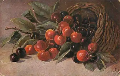 Postcard Illustrators painting still nature with cherries