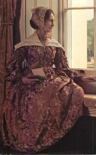 Postcard fashion silk brocade dress fichu and cap woman epoque