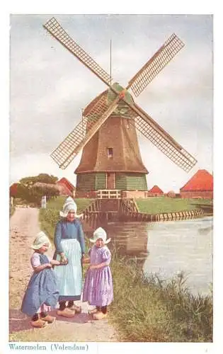 Postcard Netherlands Watermolen Volendam traditional costumes wooden shoe