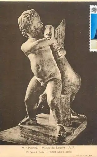 Postcard fine arts sculpture Paris musee du Louvre enfant a l'oie