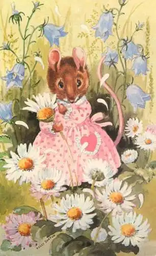 Postcard comic humanized mouse Peggy Burton Love me, love me not