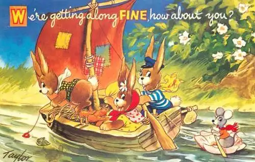 Postcard comic Taylor humanized rabbits in a sail boat