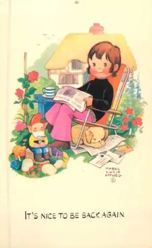Postcard advertising Mabel Lucie Attwell nice to be back