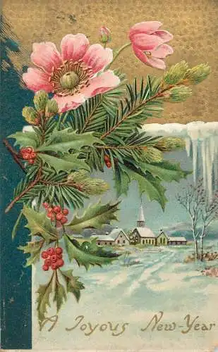 Postcard New Year flower winter landscape