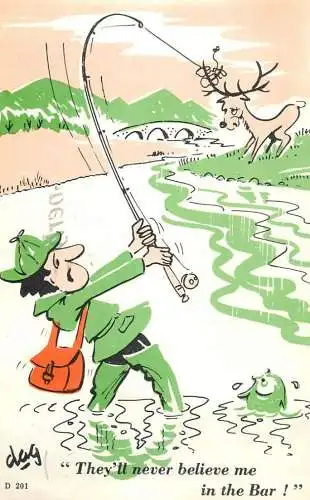 Postcard comic fishing deer joke