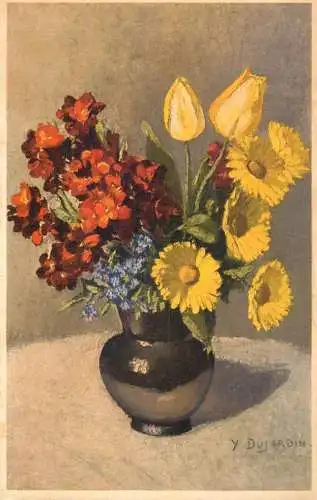 Postcard flower painting Y. Dujardin sun flower tulip vase