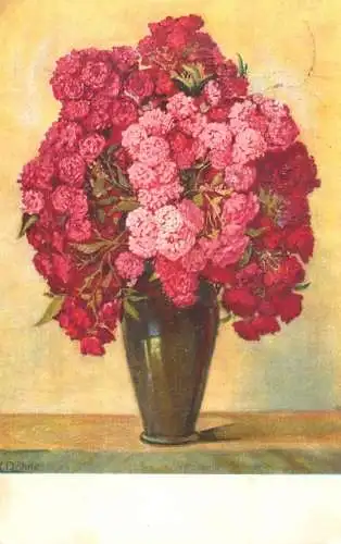 Postcard flower painting K. Rohrie pink large bouquet in vase