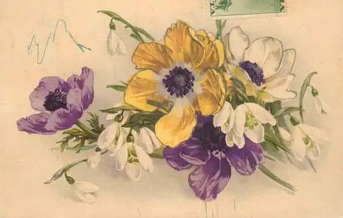 Postcard flower painting purple yellow snow drops