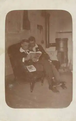 Photograph social history elegant men 1917 book reading