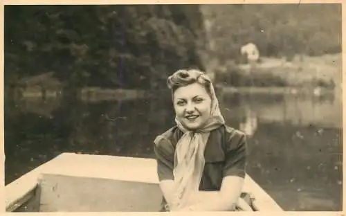 Photograph social history beauty coiffure scarf boat lake smile