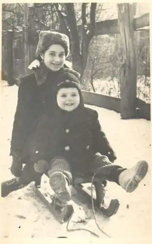 Photograph social history brothers on sled winter joy happyness