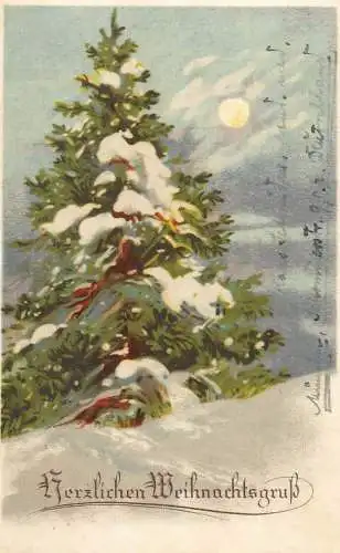 Greetings fantasy postcard holiday Christmas landscape Frohliche Weihnachtsgrub tree