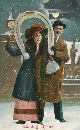 Greetings fantasy postcard New year horseshoe couple elegance romance