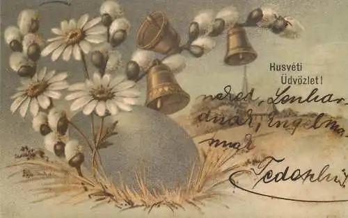 Greetings fantasy postcard Easter bell daisy flower eggs