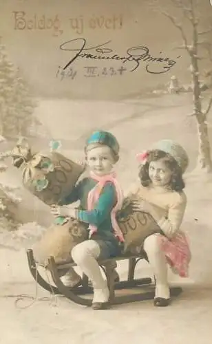 Greetings fantasy postcard children Hungary shamrock money bags sled