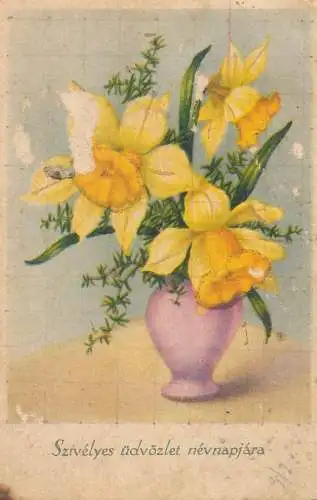 Greetings fantasy postcard Flowers yellow vase Hungary