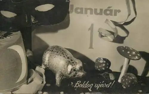 Greetings fantasy postcard New year Boldog ujevet pig January 1st