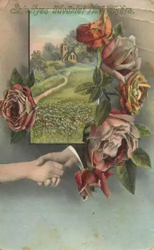 Greetings fantasy postcard flower rose church landscape Hungary