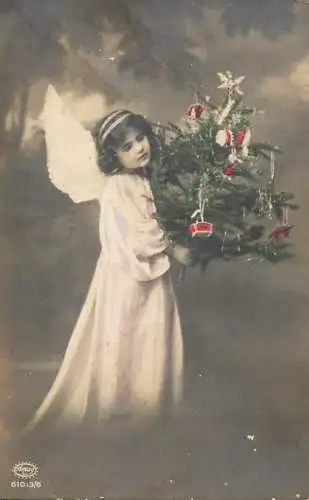 Greetings fantasy postcard child angel and Christmas tree