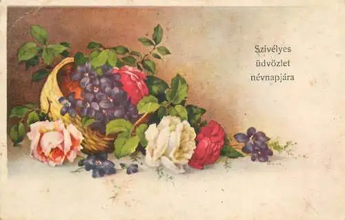 Greetings fantasy postcard flower basket Hungary