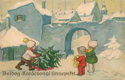 Greetings fantasy postcard Christmas children village