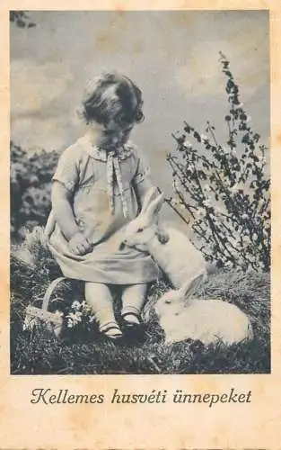 Greetings fantasy postcard Easter Hungary rabbit girl basket