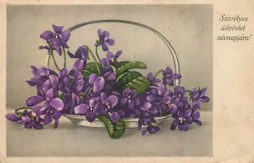 Greetings fantasy postcard flower purple basket Hungary