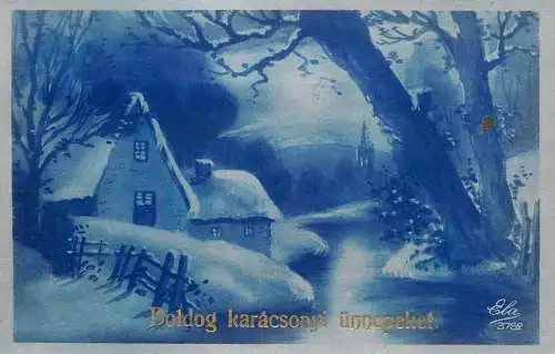 Greetings fantasy postcard Christmas New Year Hungary winter village