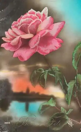Greetings fantasy postcard flower rose Bonne Fete Belgium