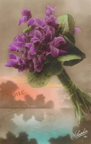 Greetings fantasy postcard flower purple Bonne Fete Saphir