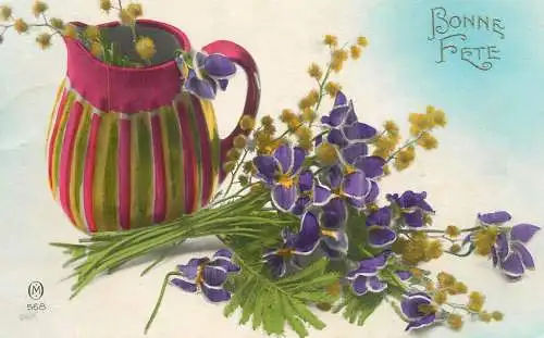 Greetings fantasy postcard Bonne Fete flower purple vase